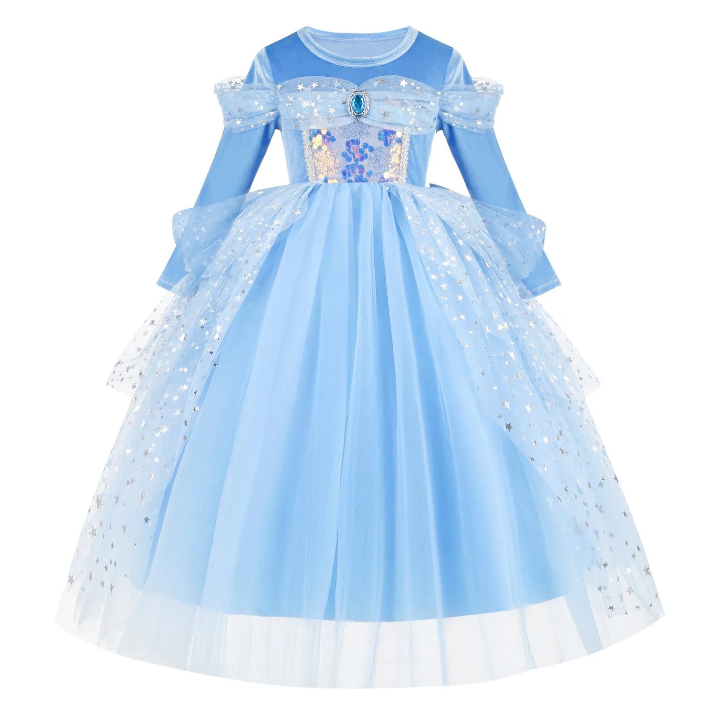 Girl Cinderella Dress Long Sleeve Princess Cosplay Costume Blue Sequin Children Bithday Surprise Kids Ball Gown