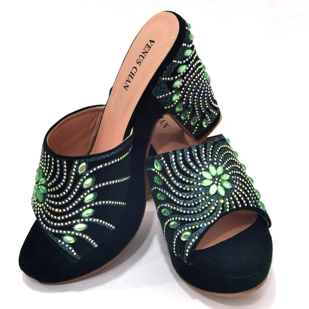 2023 The Latest Italian Design Rotary Rhine-Diamond Floral Thick Heel Platform Women's Comfortable Shoes Bag and Shoe Set