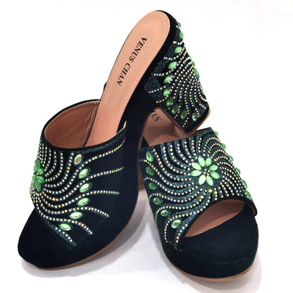 2023 The Latest Italian Design Rotary Rhine-Diamond Floral Thick Heel Platform Women's Comfortable Shoes Bag and Shoe Set