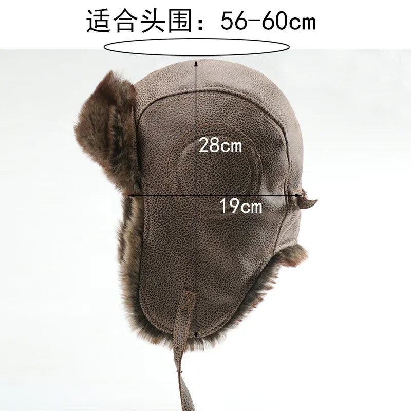 Men Winter Bomber Hat With Goggles Outdoor Motorcycle Windproof Warm Faux Fur Pilot Earflap Hat Leather Thermal Ushanka