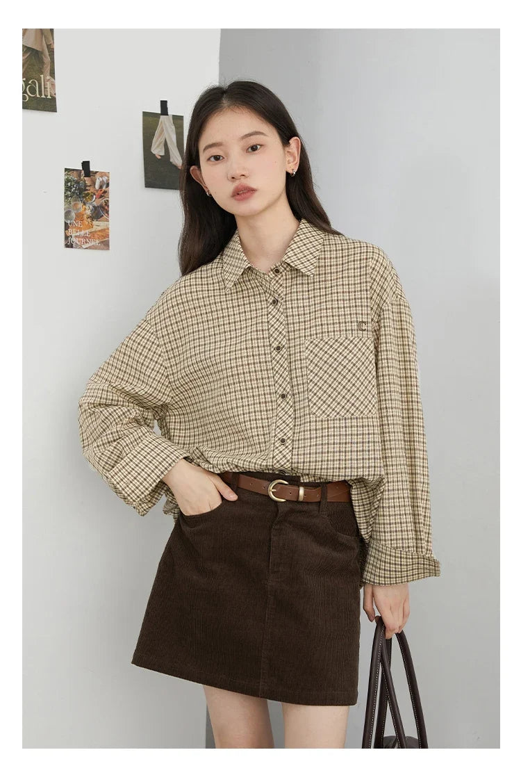 Women Shirt Loose Casual Single-breasted New Retro Contrast Plaid Embroidered Blouses Female Top Autumn Winter 2026