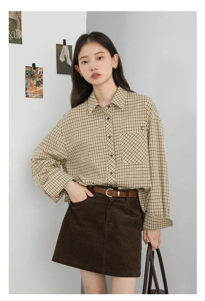 Women Shirt Loose Casual Single-breasted New Retro Contrast Plaid Embroidered Blouses Female Top Autumn Winter 2026