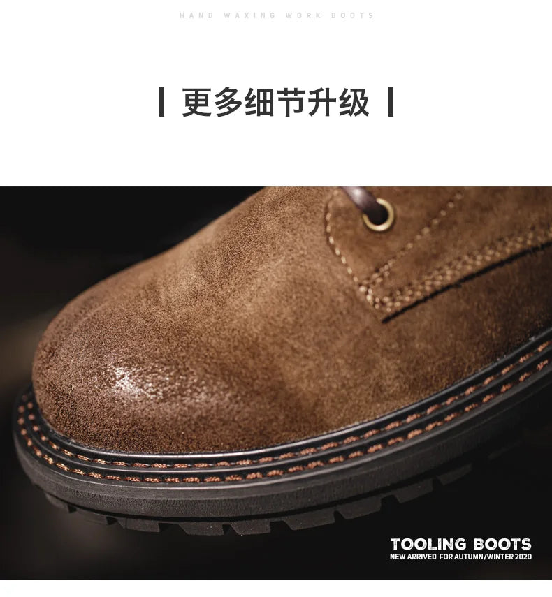 Maden Retro Fleece-lined Split Suede Boots High-Top Work Boots Lace-Up Desert Ankle Rugged Sole Boots Outdoor Winter Fall Shoes