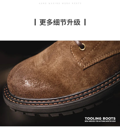 Maden Retro Fleece-lined Split Suede Boots High-Top Work Boots Lace-Up Desert Ankle Rugged Sole Boots Outdoor Winter Fall Shoes