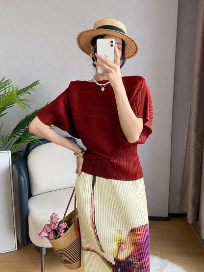Miyake Pleated Top 2026 New Round Neck Short Sleeve Batwing T-Shirt Women Summer Lightweight Vacation Travel Women's Clothing