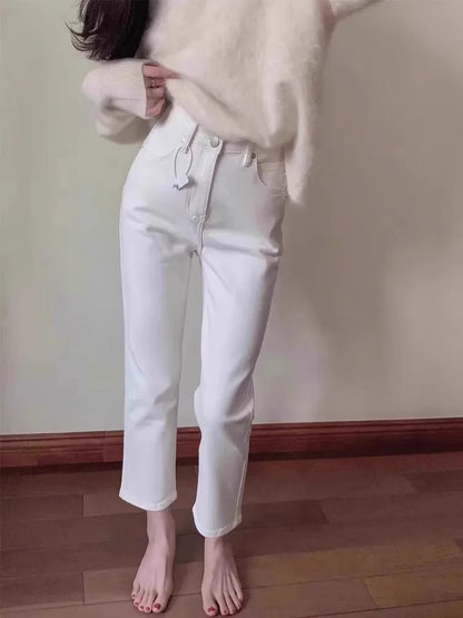 High Waist Slim Fit Straight Leg Denim Jeans Women's Small Stature Elastic White Nine-Tenths 45cm e Tube Summer Jeans
