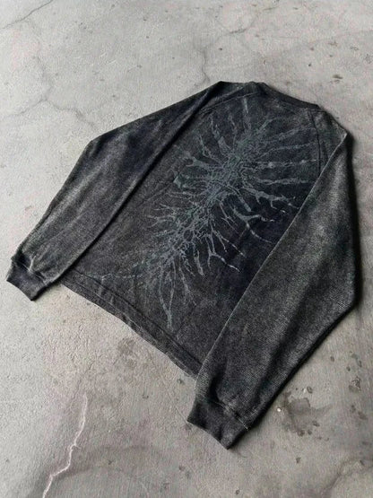 Y2K Nematode Phantom Thread Printing Long Sleeve T Shirt Loose and Heavy Style Old Washed Gothic Retro Street Fashion Top