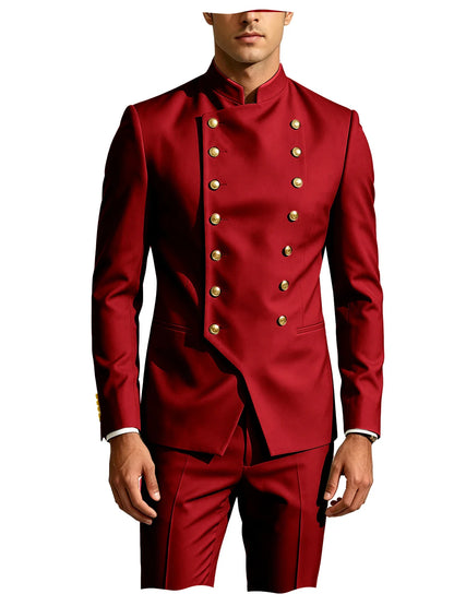 Men's Double Breasted Stand Collor Suit 2 Pieces Blazer Pants Set Slim Fit Business Casual Suit Jacket Formal Wedding Tuxedo