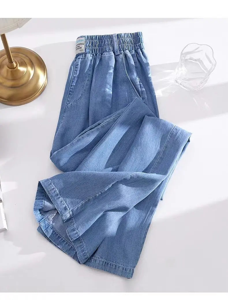 Plus Size Loose Fit Ice Silk Jeans Casual Yoga Demin Pants Women's Summer Trendy Brand Thin Wide Leg Pants Feel Comfortable
