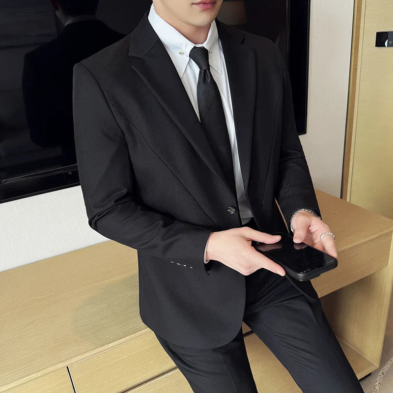(Jacket+Pant) New Men Pure Color Business Social Wedding Party Suit Fashion Male Banquet Party Slim Fit Dress Blazer and Trouser