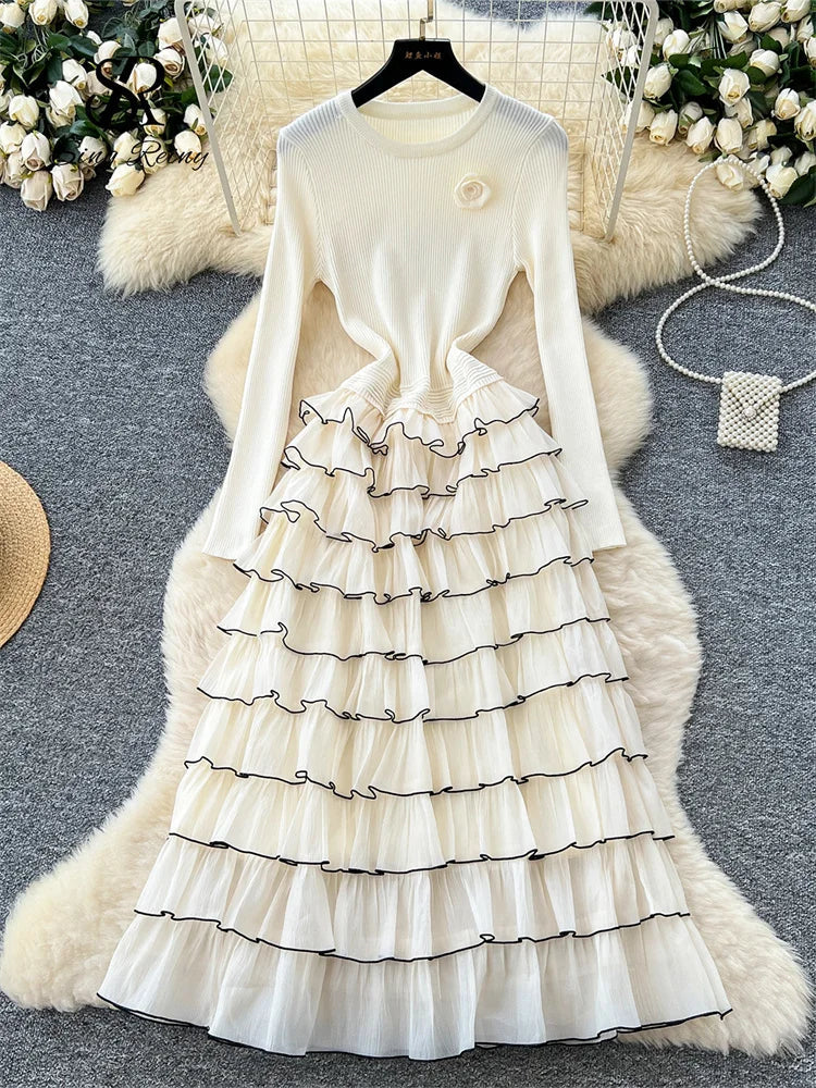 Autumn 3D Floral Spliced Long Dress 2025 Female O Neck Long Sleeves High Quality Slim Luxury Knitted Party Cake Dress