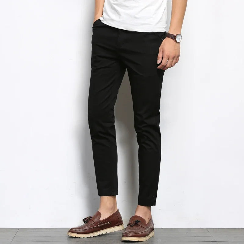 Summer Men Fashions Solid Color Casual Pants Men Straight Slight Elastic Ankle-Length High Quality Formal Trousers Men
