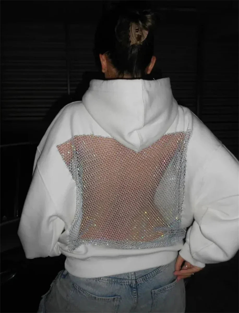 Women's Fashion Translucent Pullover Sweatshirt American Gothic Sexy Hollow Mesh Hoodie Y2K Clothes Casual Long Sleeves Jacket