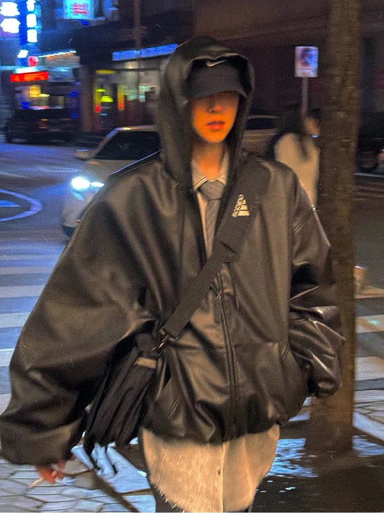 Spring Autumn Short Oversized Black Soft Pu Leather Jacket Men with Hood Zipper Loose Casual Korean Fashion Clothes
