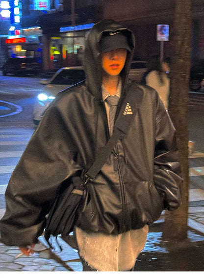 Spring Autumn Short Oversized Black Soft Pu Leather Jacket Men with Hood Zipper Loose Casual Korean Fashion Clothes