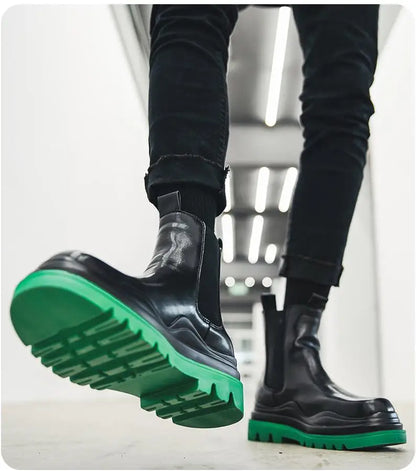 Fashion Mens Sheoes Platform Chelsea Boots Thick Bottom Split Leather Ankle Boots Male Footwear Round Toe Short Boots