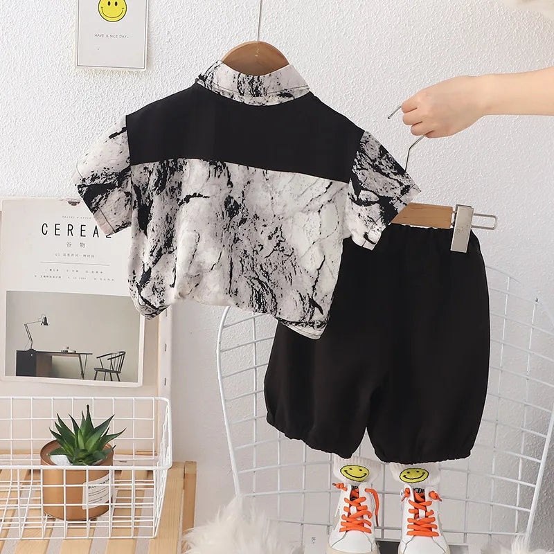 New Summer Suits for Baby Full Printed Kids Short Sleeve Lapel Button Down Shirts +shorts Toddler Boy Fashion Chinese Style Sets