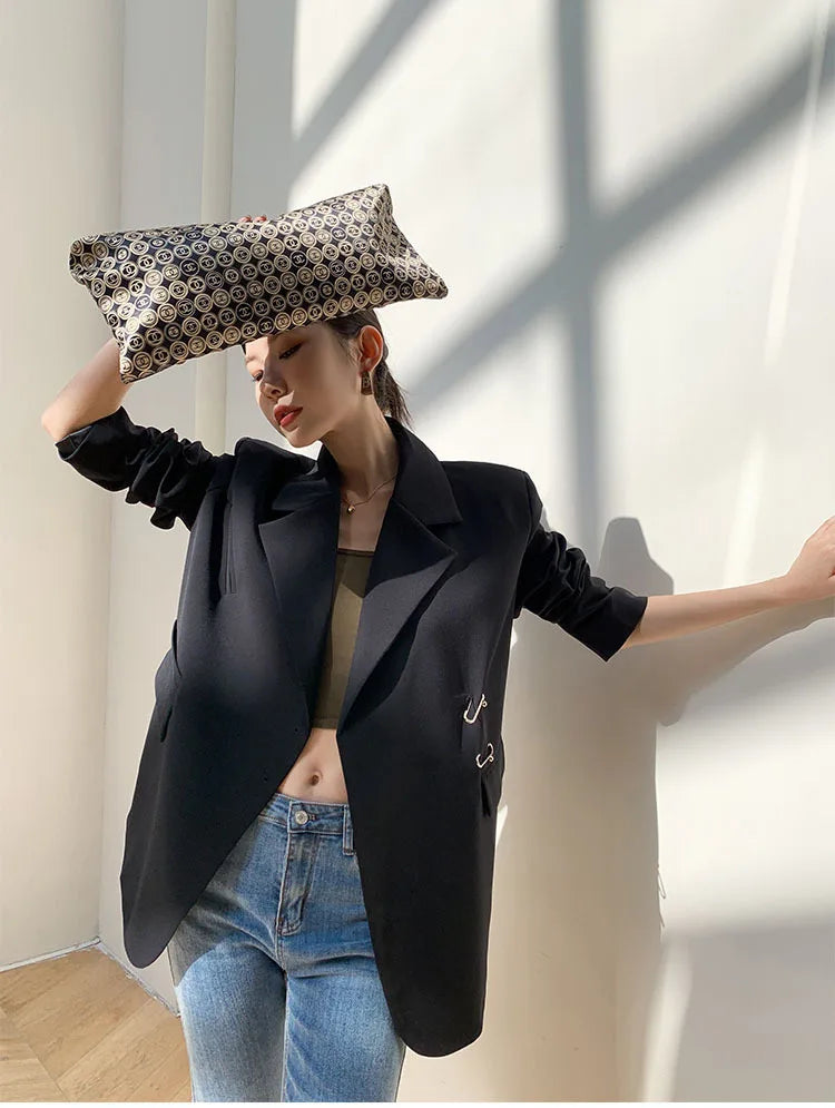 Women Black Oversize Casual Jacket New Lapel Long Sleeve Loose Blazer Fashion Pin Office Ladies Suits Coat Spring Autumn 2023