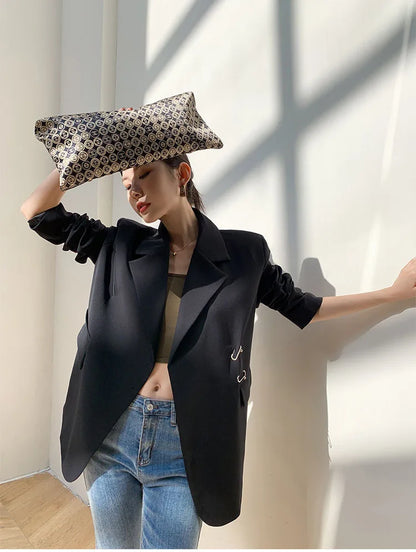 Women Black Oversize Casual Jacket New Lapel Long Sleeve Loose Blazer Fashion Pin Office Ladies Suits Coat Spring Autumn 2023
