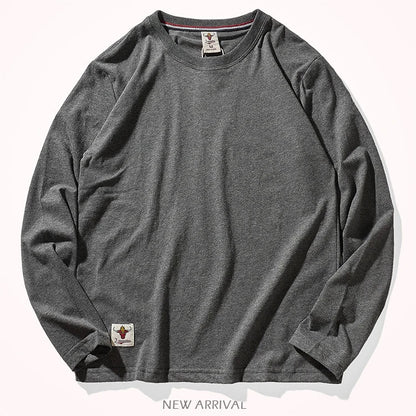 Autumn American Retro Long Sleeve O-neck Solid Color T-shirt Men's Fashion Simple 100% Cotton Washed Old Casual Bottoming Tops