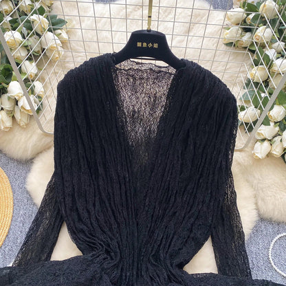 Autumn Streetwear Tops Suits Women O Neck Full Sleeves Thin Sheer Lace Shirts+Sleeveless Outerwear Ruffles Tank Top