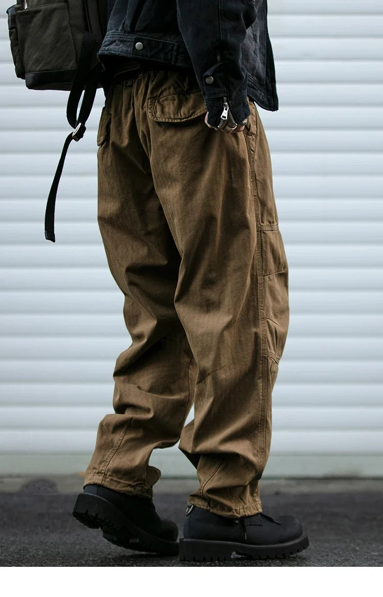 Japanese Vintage Cargo Pants Men Premium Cotton Loose Fit Straight Leg American Fashion Casual Trendy Streetwear Long Workwear