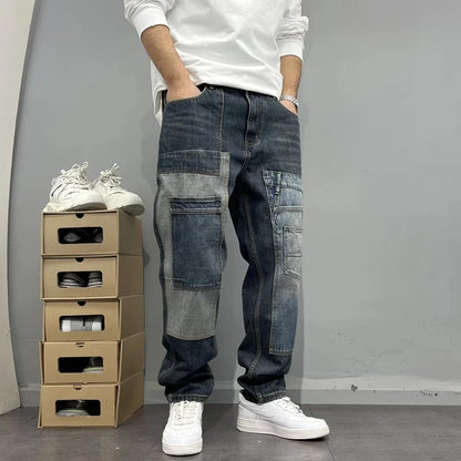 Patchwork Straight Leg Jeans Plus Size Multi Pocket Japanese Streetwear High Quality Trendy Skater Fit Denim Trousers 2025 New