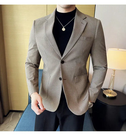 Korean Vintage Elegant Men's Business Slim Fit Suit Jacket 2026 New Fashion Lapel Single Breasted Men Social Party Dress Coats