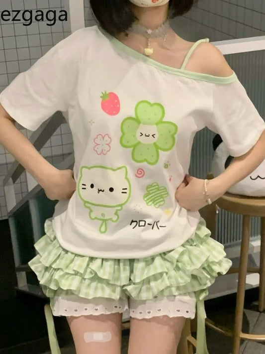 Ezgaga Harajuku T Shirts Women Cartoon Sweet Diagonal Collar Short Sleeve Off Shoulder Funny Tops Female Y2k Ladies Tshirts