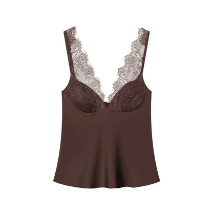 Elegant Women Lace Splice Sexy Satin Sling Tops 2026 Spring Summer Fashion Female V-Neck Backless Slimming Underwear Vest
