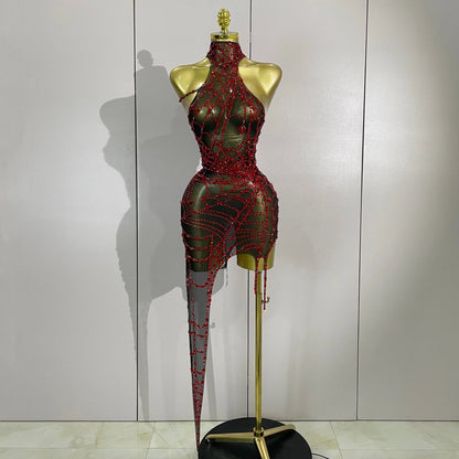 STOCK Sparkly Diamond Sexy Mesh Asymmetric Bodycon Mini Dress Women Nightclub Bar Party Show Gogo Dancer Clothing Stage Costume
