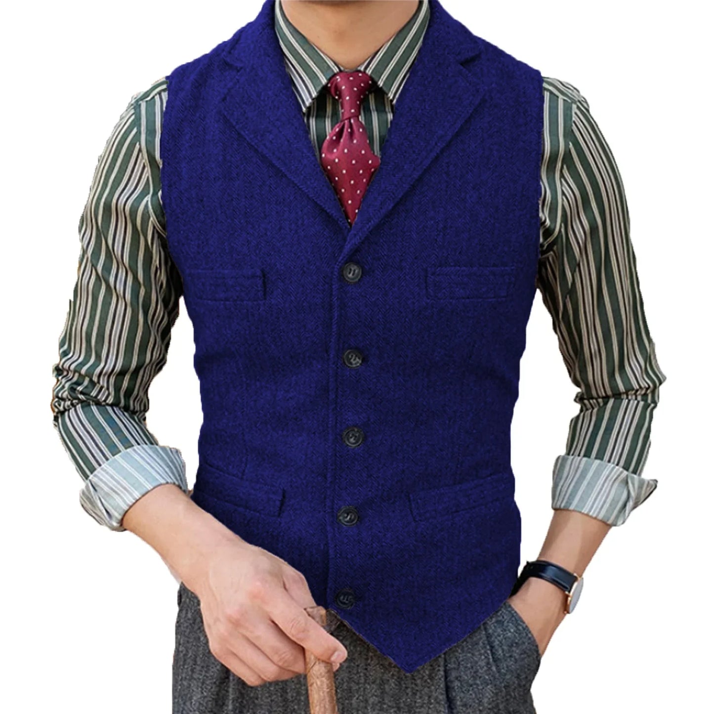 Men's  Vest Slim Fit Suits Vest Herringbone Tweed Notch Lapel Wool Business Casual Waistcoat Grossmen For Wedding
