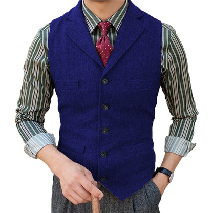 Men's  Vest Slim Fit Suits Vest Herringbone Tweed Notch Lapel Wool Business Casual Waistcoat Grossmen For Wedding