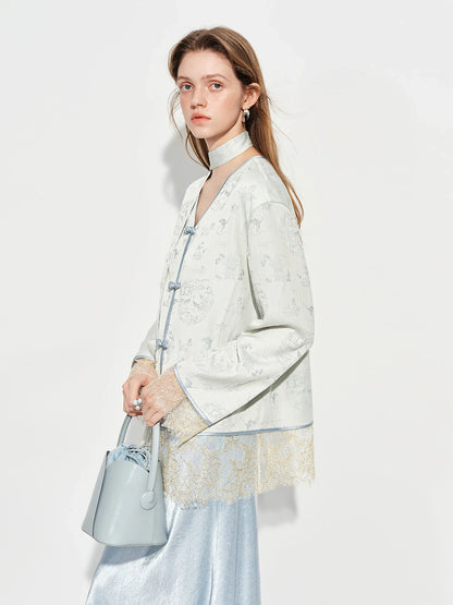 Modern Chinese-inspired Women's Blazer with Button Closure Sash VNeck Patchwork Lace Trim Outerwear Spring 2026 New Arrival