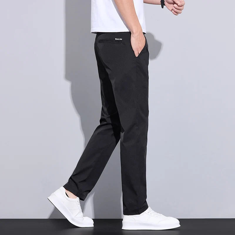 Spring Summer Thin Men's Slim Casual Pants Solid Color Elastic Waist Soft Breathable Business Straight Trousers Black Beige Gray