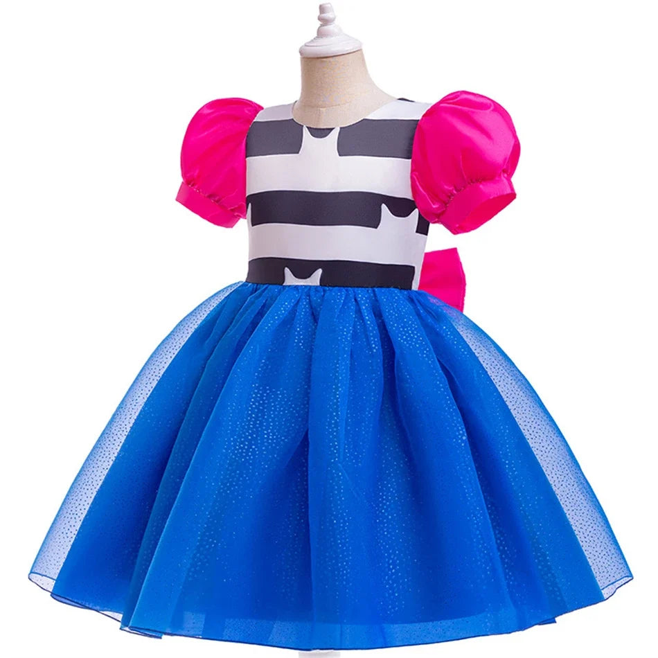 Girls Striped Bubble Sleeve Princess Dress Gabby Doll Cat Hous Cosplay Bow Mesh Fluffy Costume Kid Halloween Birthday Party Gown