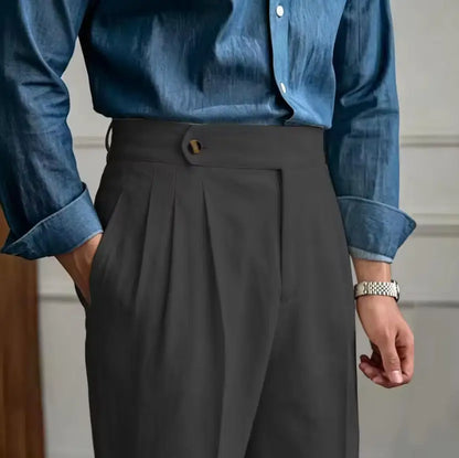 Classic Linen Men Suit Trousers Italian Naples Style Pleated Street Wear Summer Trendy High Waist Pants Male Business Office