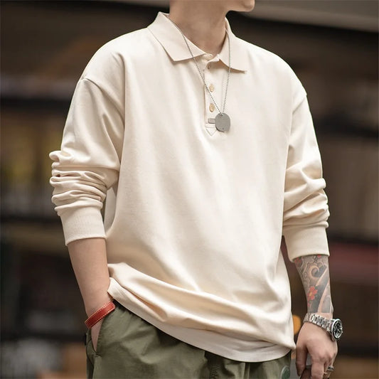 Spring Vintage Oversize Polo Shirts for Men Business Casual Solid Color Long Sleeve T-shirt Stylish Lapel Plain Tops