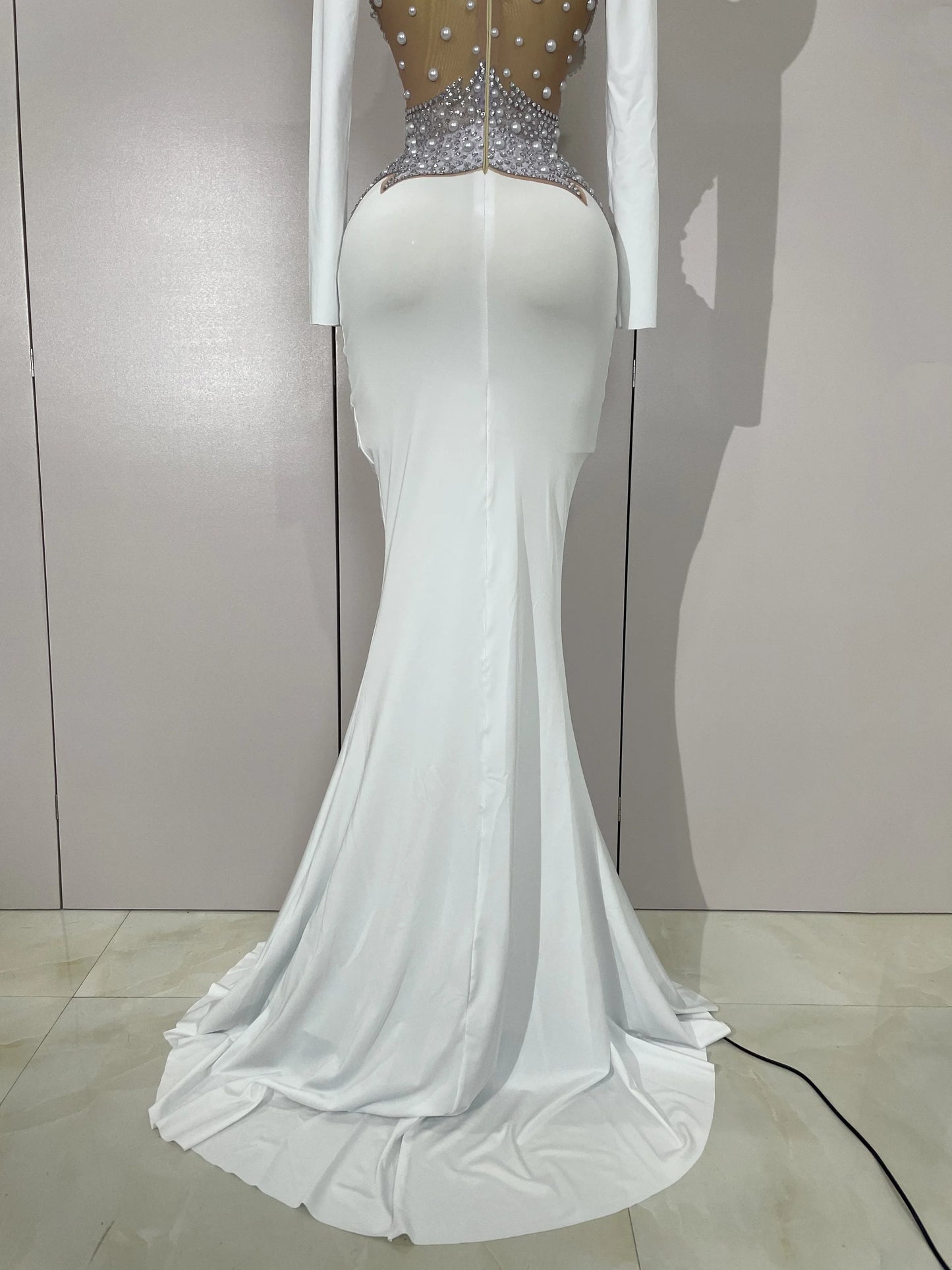 Luxury Sparkly Diamonds Pearl White See Through Mesh Long Dress Women Wedding Evening Party Stage Performance Photoshoot Dress