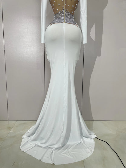 Luxury Sparkly Diamonds Pearl White See Through Mesh Long Dress Women Wedding Evening Party Stage Performance Photoshoot Dress
