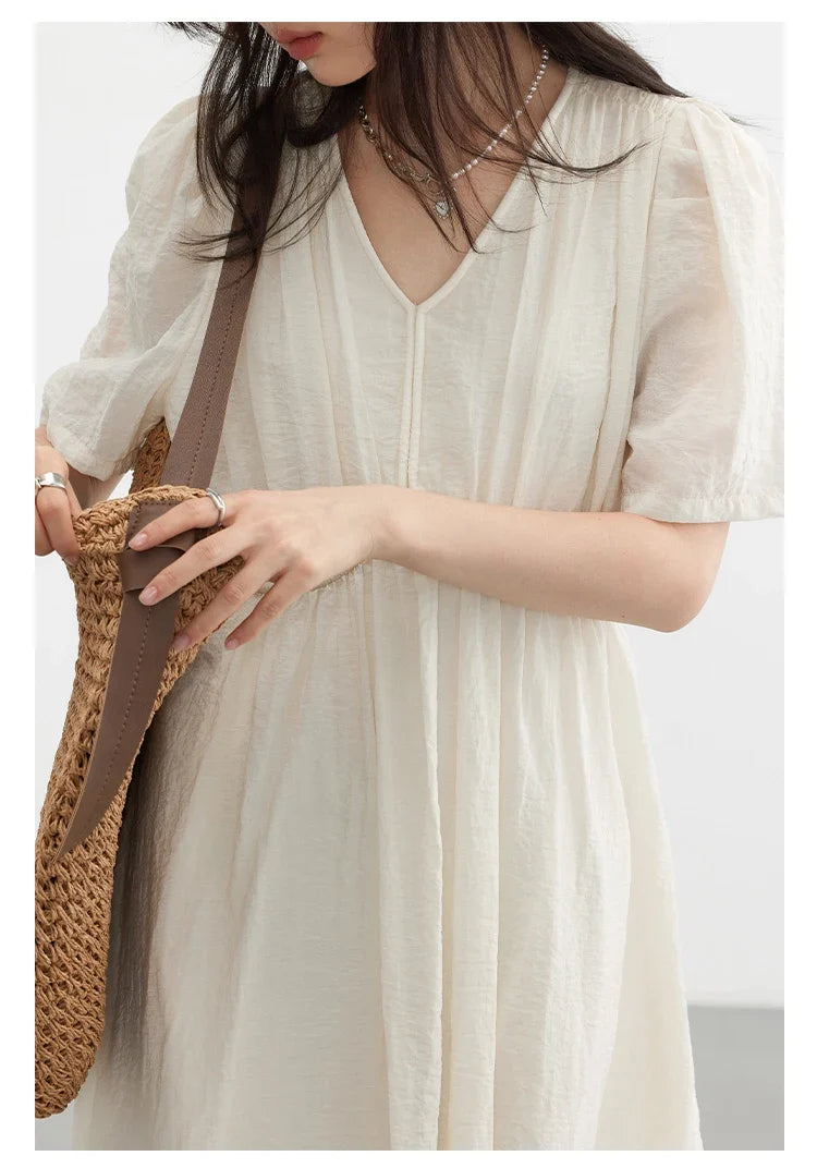 Women Dresses French Style Vintage V-neck Puff Sleeve Long Dress Solid Black Loose Female Clothing Summer New 2023