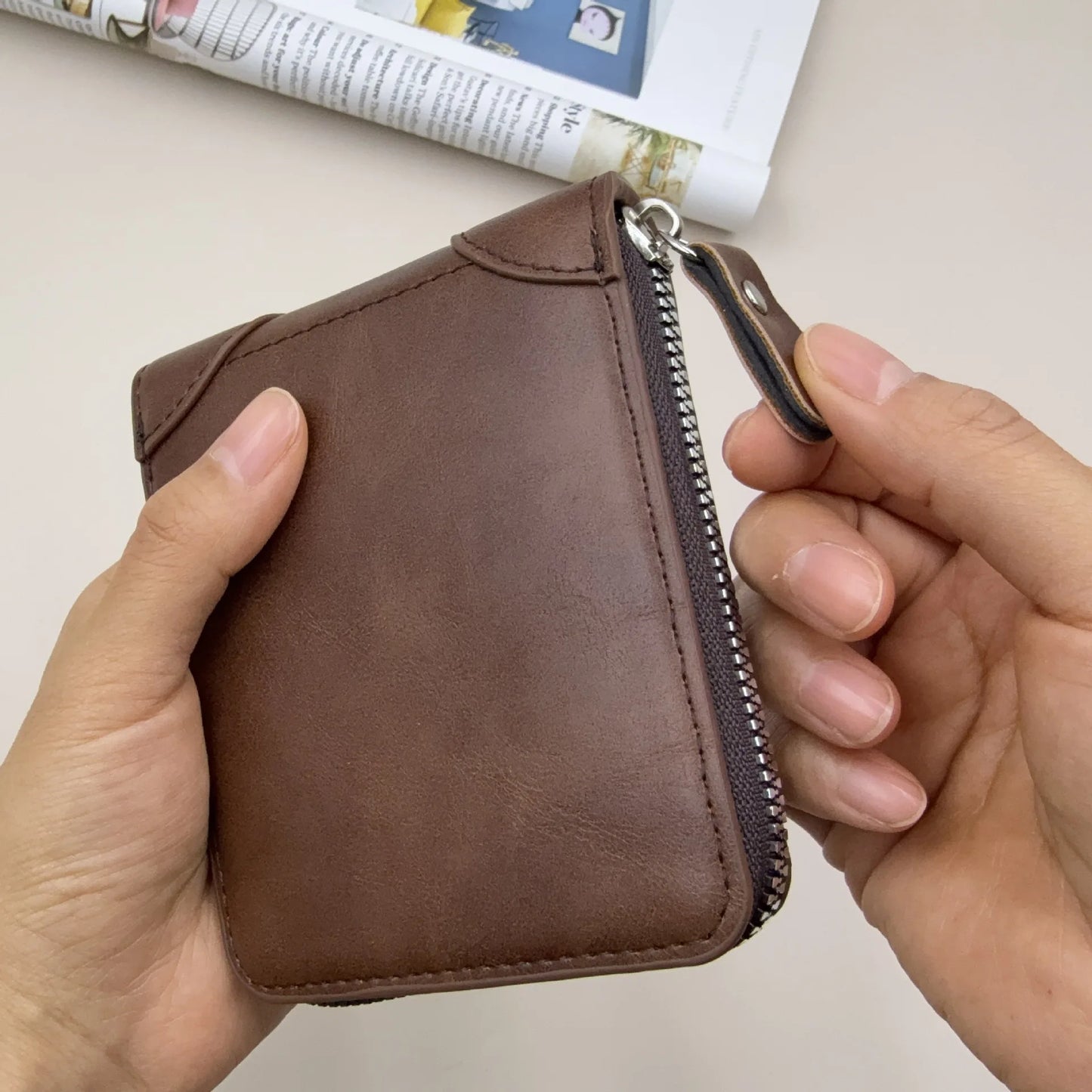 Men’s Leather Zipper Wallet Large Capacity Multi-card Holder Wallets Coin Cash Purse with ID Window