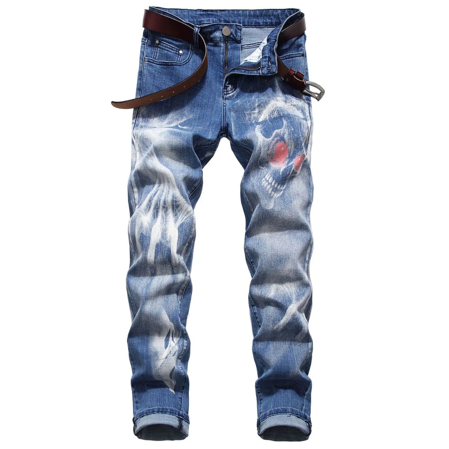 2026 Men's Blue 3D Printing Jeans, Black Wolf Pattern Printed Punk Straight Cotton Casual Print Denim Pants Asian Size 28-42