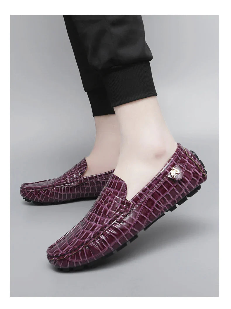 Patent Leather Loafers for Men, Crocodile Pattern, Korean Style, Trendy, Popular Casual Leather Shoes, Slip-On Loafers, Lazy Shoes