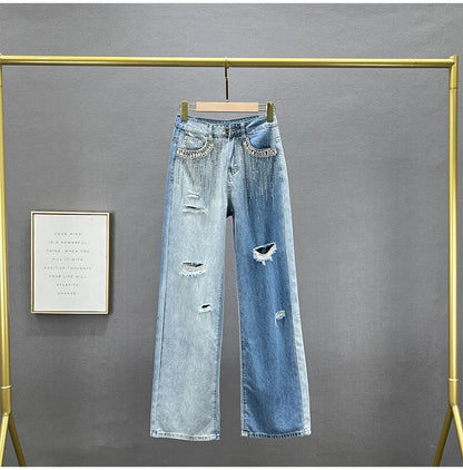 High Waist Wide Leg Jeans Women's Summer Loose Slimming Diamond Embedded Long Pants Break Hole Denim Pants Hong Kong Sle ...
