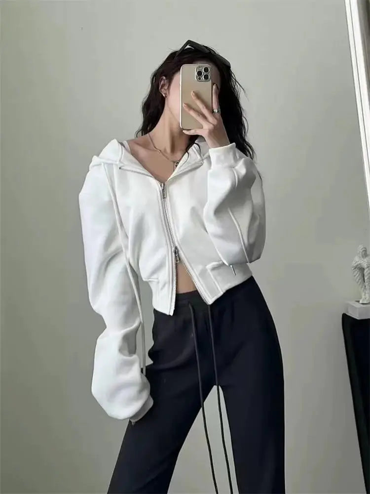 Casual Short Hooded Sweatshirt Women Zip Up Hoodies Mujer Solid Harajuku Long Sleeve Slim fit Crop Top Female Jackets Coat