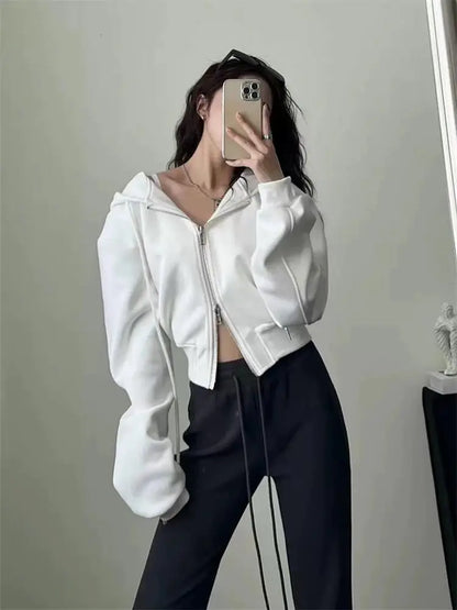 Casual Short Hooded Sweatshirt Women Zip Up Hoodies Mujer Solid Harajuku Long Sleeve Slim fit Crop Top Female Jackets Coat