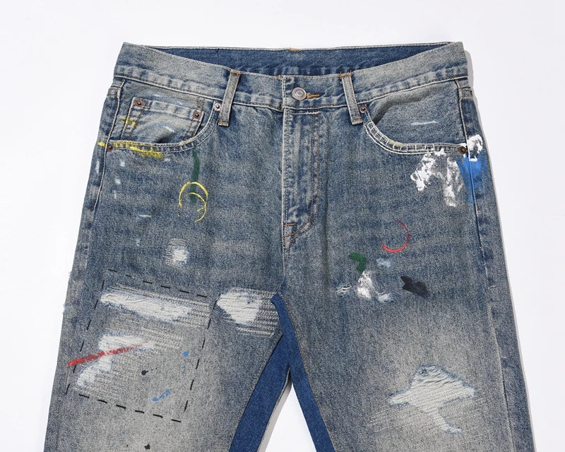 Blue Speckle Ink Washed Flared Jeans Slim Fit Hip Hop Graffiti Ripped Denim Pant Men Streetwear Vintage Wide Leg Jean Pants Y2k