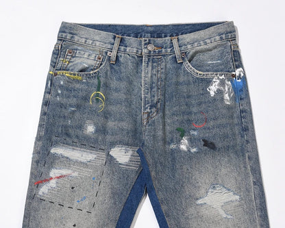 Blue Speckle Ink Washed Flared Jeans Slim Fit Hip Hop Graffiti Ripped Denim Pant Men Streetwear Vintage Wide Leg Jean Pants Y2k