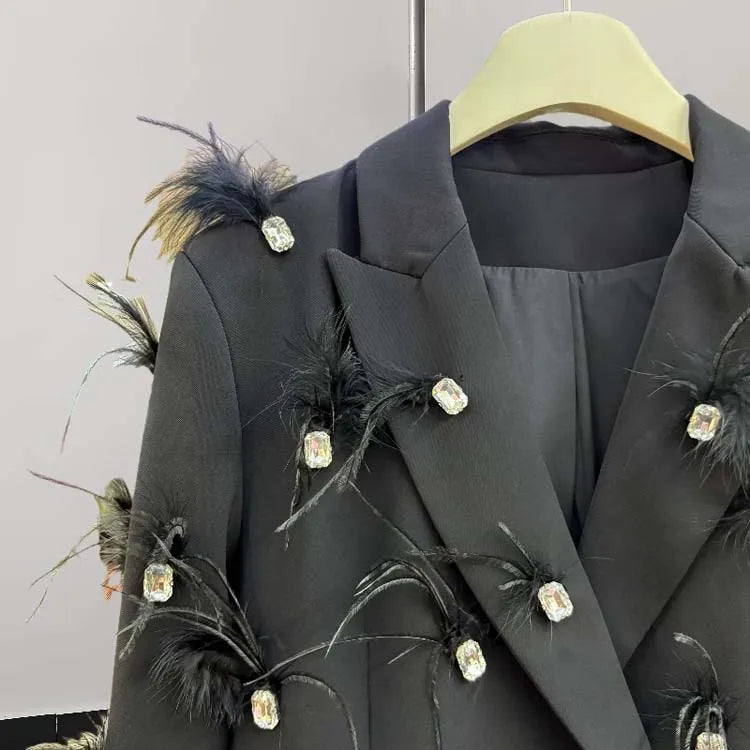 Luxury feather Faux diamond blazer Women 2025 New Double breasted rhinestones jacket High quality Loose Lady suit INKEO 4O089